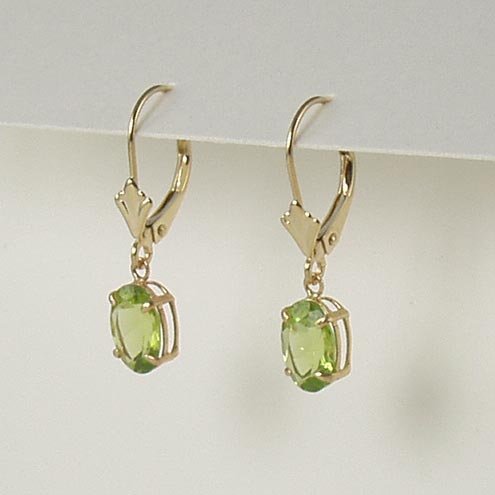 Green peridot dangle earrings 6x8mm oval lever back 14k yellow gold semi-precious stone jewelry