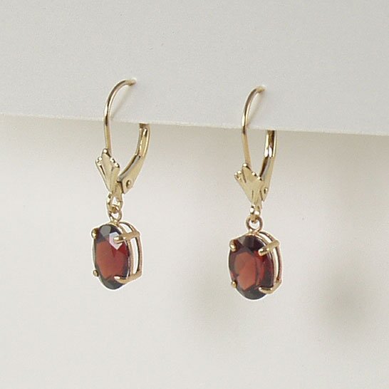 Red garnet dangle earrings 6x8mm oval lever back 14k yellow gold semi-precious stone jewelry