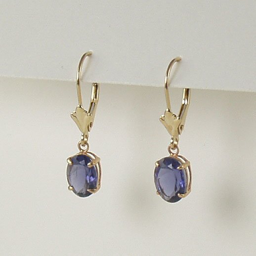 Blue iolite dangle earrings 6x8mm oval lever back 14k yellow gold semi-precious stone jewelry