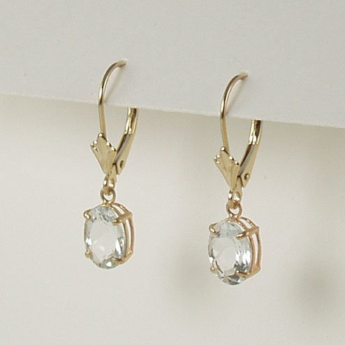 Aquamarine dangle earrings 6x8mm oval lever back 14k yellow gold semi-precious stone jewelry