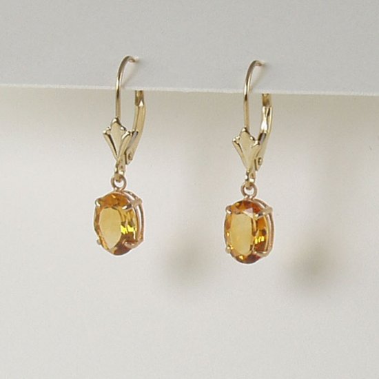 Yellow citrine dangle earrings 6x8mm oval lever back 14k gold semi-precious stone jewelry