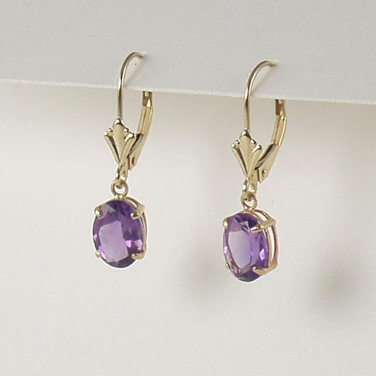 Purple violet amethyst dangle earrings 6x8mm oval lever back 14k yellow gold semi-precious jewelry