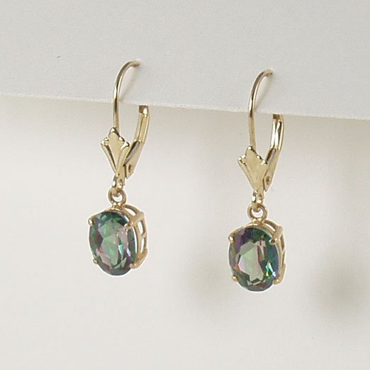 Fire mystic topaz dangle earrings 6x8mm oval lever back 14k yellow gold semi-precious stone jewelry