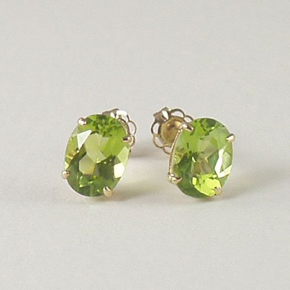 Green peridot stud post earrings 6x8mm oval 14k yellow gold semi-precious stone jewelry