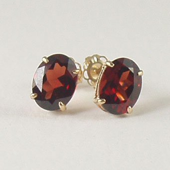 Red garnet stud post earrings 6x8mm oval 14k yellow gold semi-precious stone jewelry