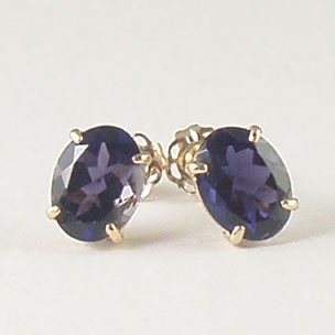 Blue violet iolite stud post earrings 6x8mm oval 14k yellow gold semi-precious stone jewelry