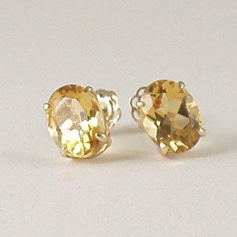 Yellow citrine stud post earrings 6x8mm oval 14k gold semi-precious stone jewelry