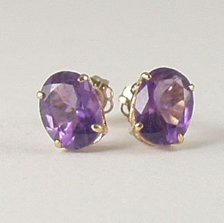Purple violet amethyst stud post earrings 6x8mm oval 14k yellow gold semi-precious stone jewelry