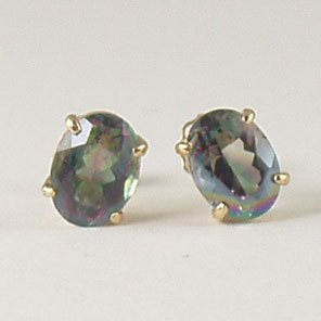 Fire mystic topaz stud post earrings 6x8mm oval 14k yellow gold semi-precious stone jewelry