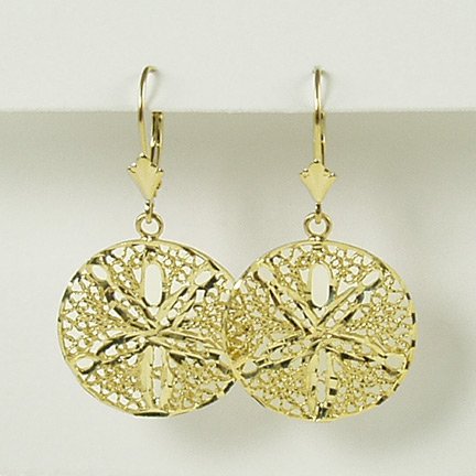 Filigree round sand dollar lever back earrings with diamond-cut 14K yellow gold jewelry