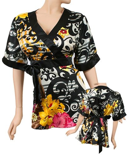 Asian Silk-Blend Kimono Empire Waist Top Plus Size 1X