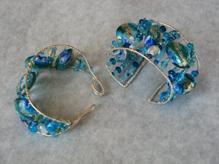Blue and green wire cuff bracelet