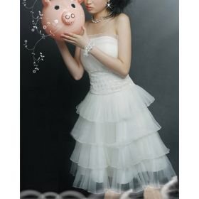 A-line Strapless Knee-length Satin Tulle Lace Wedding Dresses for Bride (HSX1196)
