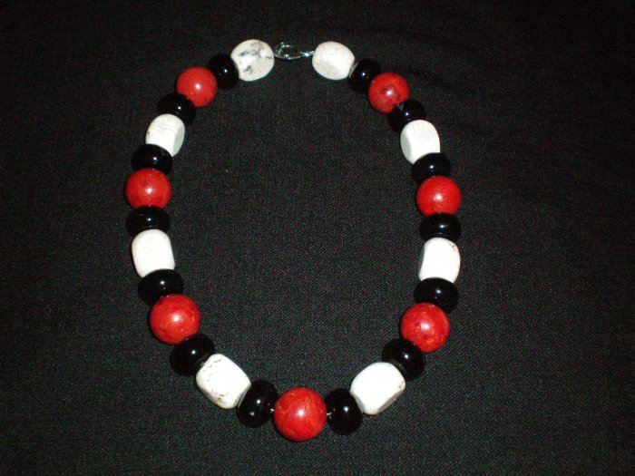 Coral, Black agate, and Howlite hand made necklace