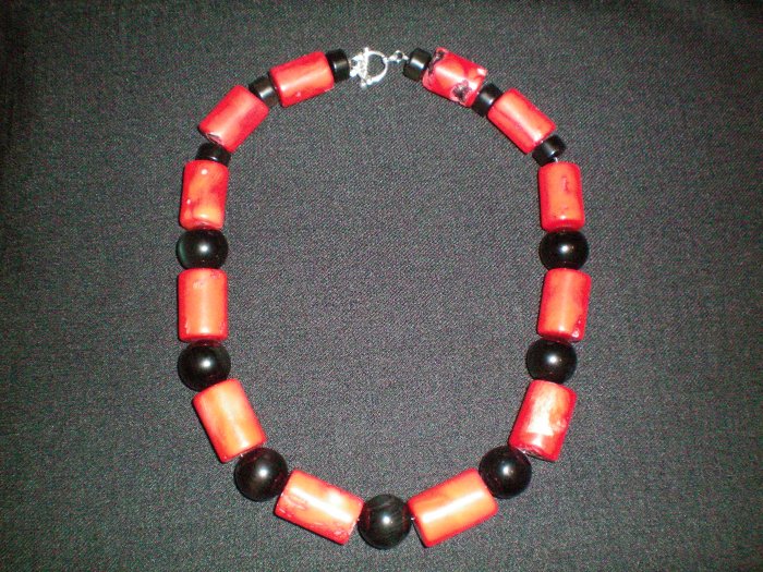 Obsidian and Coral hand made necklace