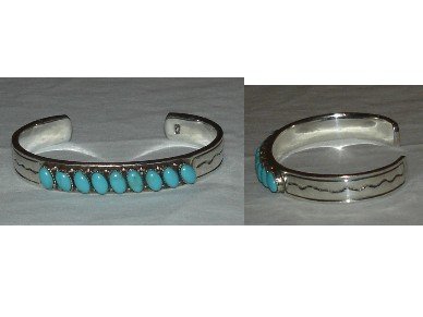 Silver bracelet adorned with 9 natural turquoise stones and hand polished to a mirror finish