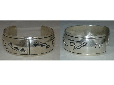 Native American outlay design on cuff bracelet made out of Sterling Silver