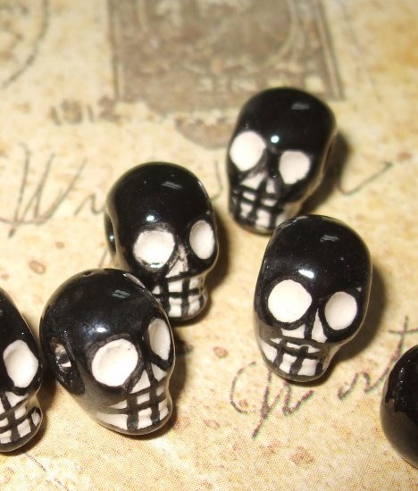 2 Tiny Black and White Ceramic Skull Beads 10mm X 8mm