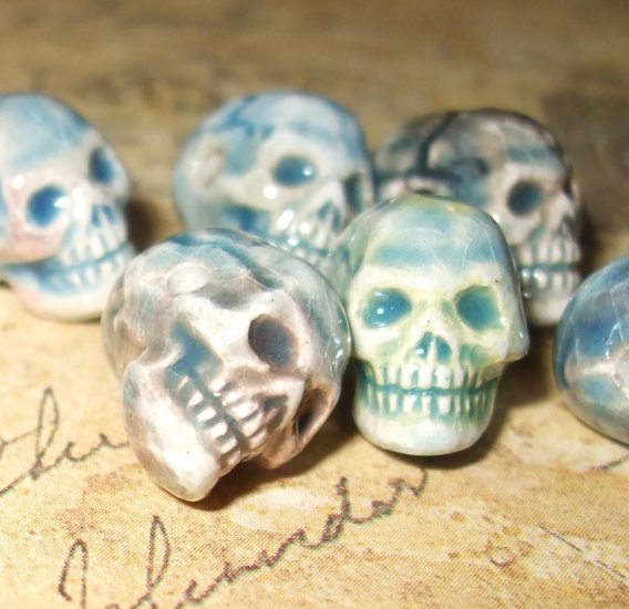 2 Tiny Raku Ceramic Skull Bead 11mm X 9mm