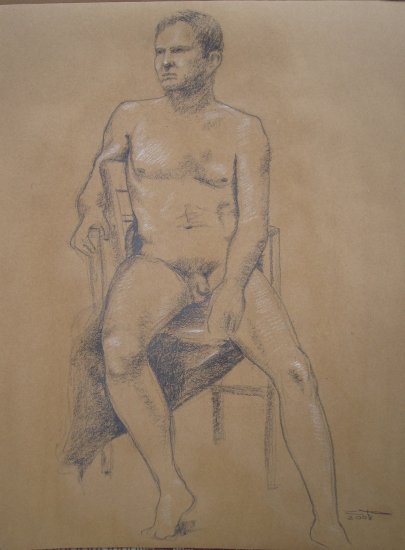 Original Conte Crayon Drawing Nude Seated Male Art Front View by LJT