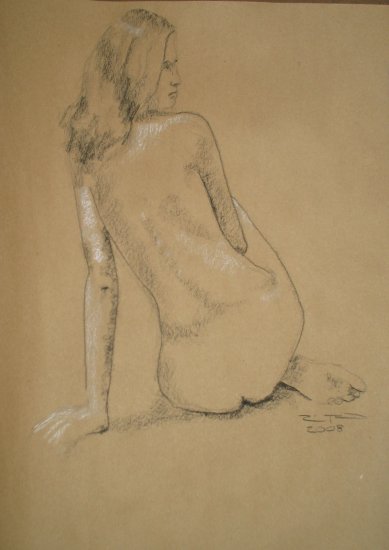 Original Black and White Conte Crayon Drawing Seated Nude Female on brown paper Art by LJT