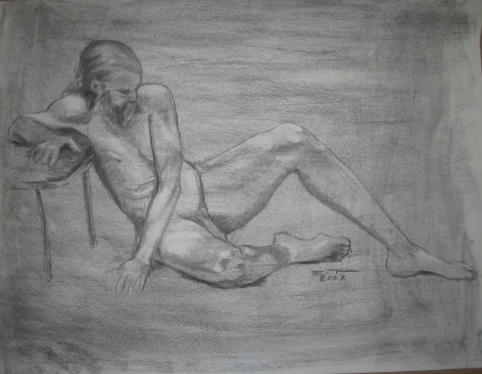 Original Charcoal Drawing Nude Male Seated on floor Art by LJT