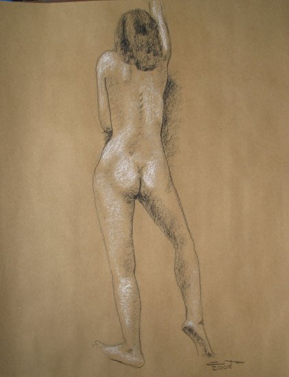 Original Conte Crayon Drawing Nude Standing Female Rear View Art by LJT
