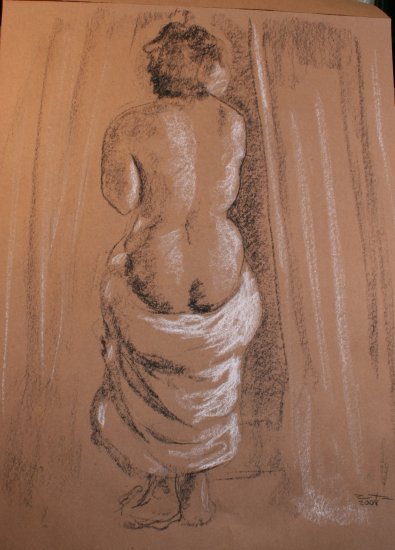 Original Conte Crayon Drawing Nude Female Standing with Drape Rear View Art by LJT