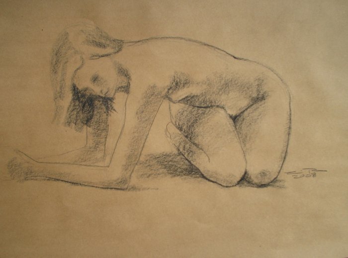 Original Conte Crayon Drawing Nude Female Twisting Abstract Art LJT