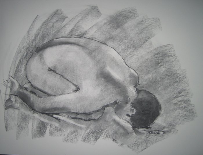Abstract Original Charcoal Drawing Nude Male Yoga Child's Pose Art by LJT