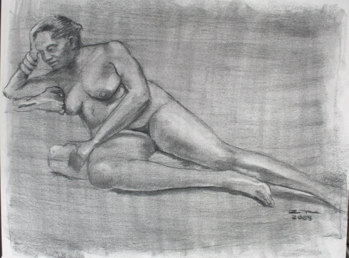 Original Charcoal Drawing Nude Voluptuous Reclining Female Art by LJT