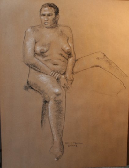 Original Black and White Conte Crayon Drawing Seated Voluptuous African American Female Nude Art LJT