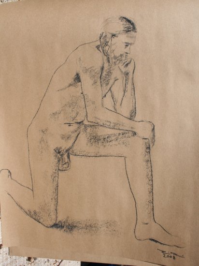 Original Conte Crayon Drawing Nude Kneeling Male Art by LJT