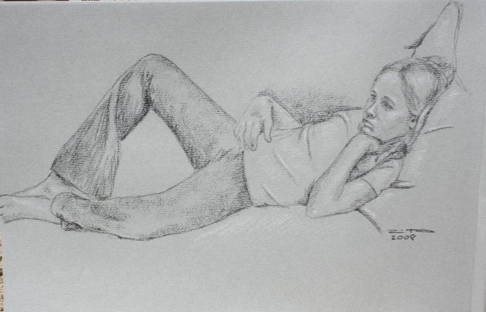 Original Black and White Conte Crayon Drawing Young Girl on Sofa toned paper Art by LJT