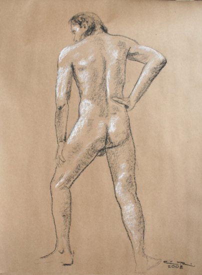 Original black and white conte crayon life drawing Standing male art by LJT
