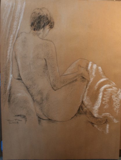 Original Conte Chalk Drawing Nude Female with Drape Art by LJT
