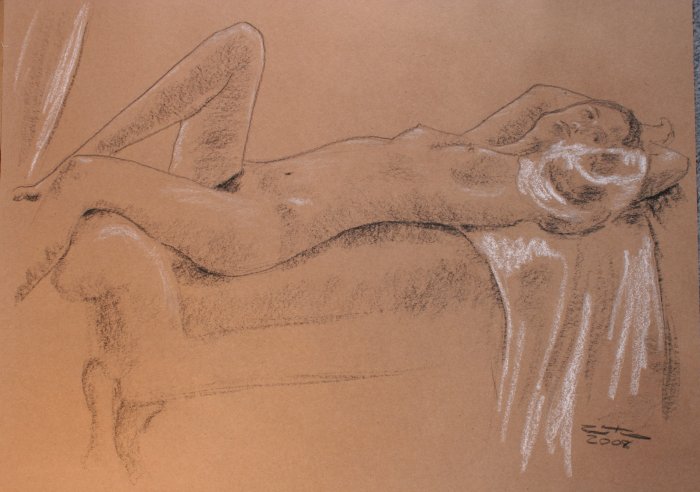 Reclining Nude Drawing Female Black and White Conte Chalk Art by LJT