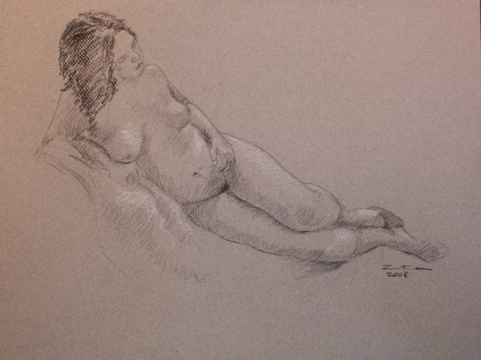 Reclining Voluptuous Female Nude Drawing Black and White Conte Crayon Toned Paper Art by LJT