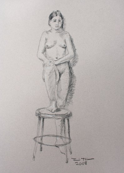 Original Black and White Conte Crayon Drawing Standing Female Nude toned paper Art by LJT