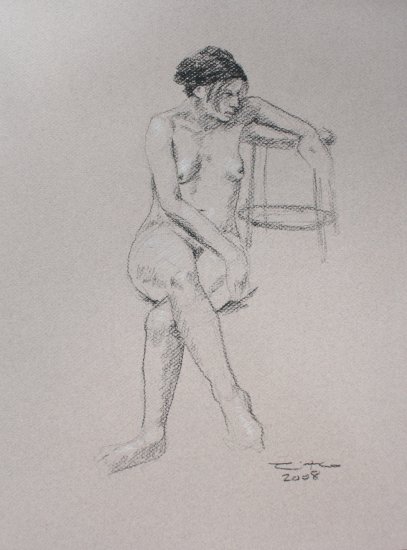 Original Black and White conte crayon drawing Seated Nude Female on toned paper Art by LJT