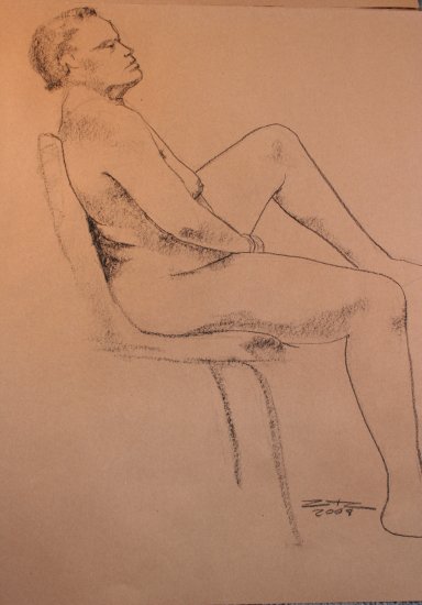 Original Conte Crayon Drawing Voluptuous Nude Female Seated Art by LJT
