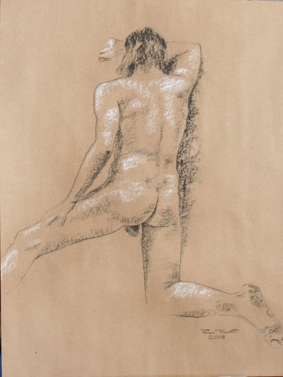 Original black and white conte crayon life drawing Rear View male art by LJT