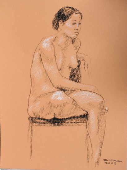Original Black and White conte crayon drawing Seated Nude Female on melon toned paper Art by LJT