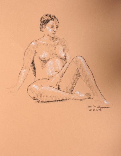 Original Black and White conte crayon drawing Seated Nude Female on melon toned paper 2 Art by LJT