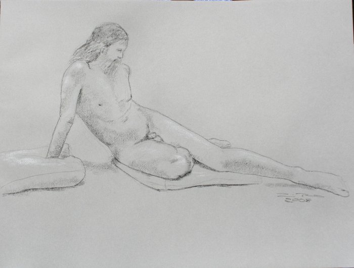 Original Black and White Conte Crayon Life Drawing Nude Male Reclining toned paper Art by LJT