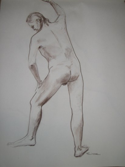 Original Brown Conte Crayon Drawing Muscular Nude Male Standing Arm Raised Art by LJT