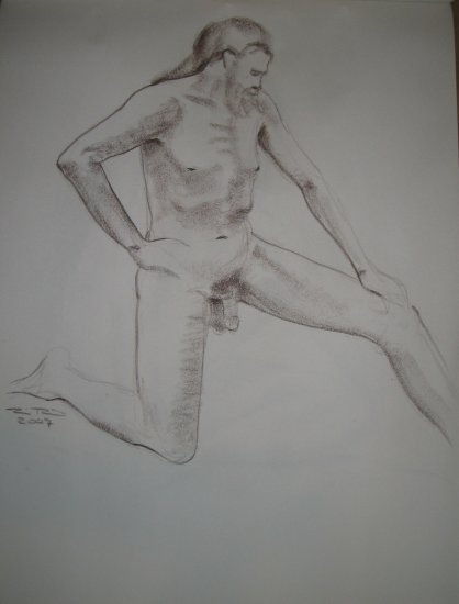 Original Brown Conte Crayon Drawing Nude Bearded Male Kneeling Art by LJT