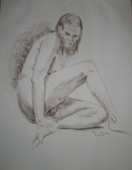 Original Brown Conte Crayon Drawing Nude Bearded Male Sitting on Floor with Legs Bent Art by LJT