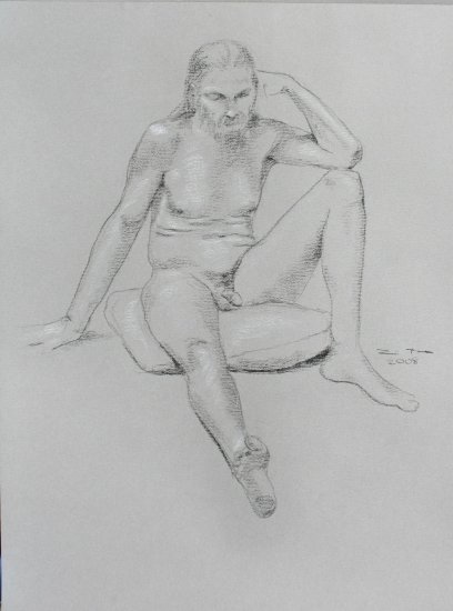 Original Black and White Conte Crayon Life Drawing Nude Male Foreshortened Leg toned paper Art LJT