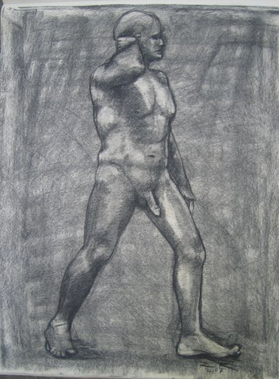 Original Charcoal Drawing Muscular Nude Male Standing Arm Raised Art by LJT